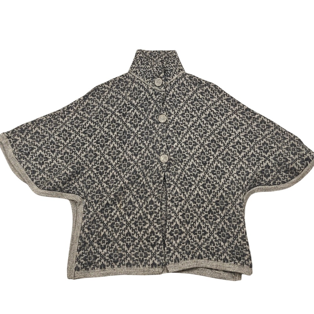 Alpaca Warehouse Poncho Womens Medium Gray Alpaca Knit Button Collared Geometric